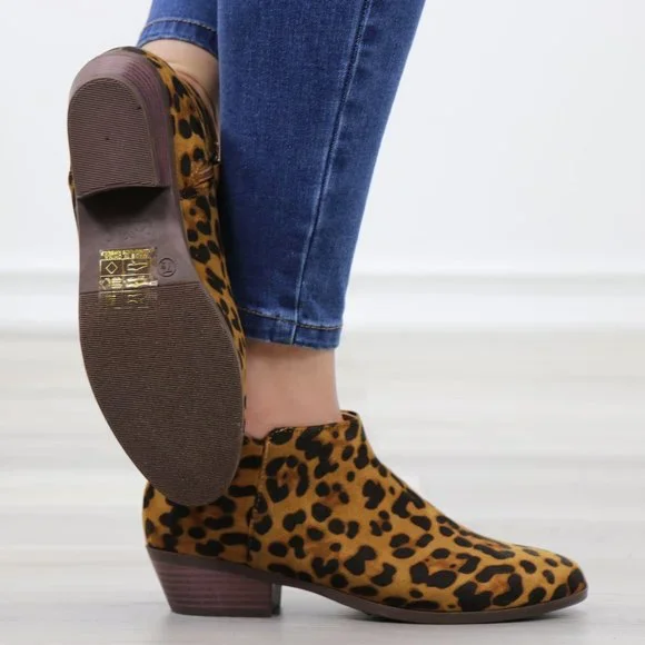Faux Sude Leopard Low Heel Ankle Boots - Picture 11 of 13